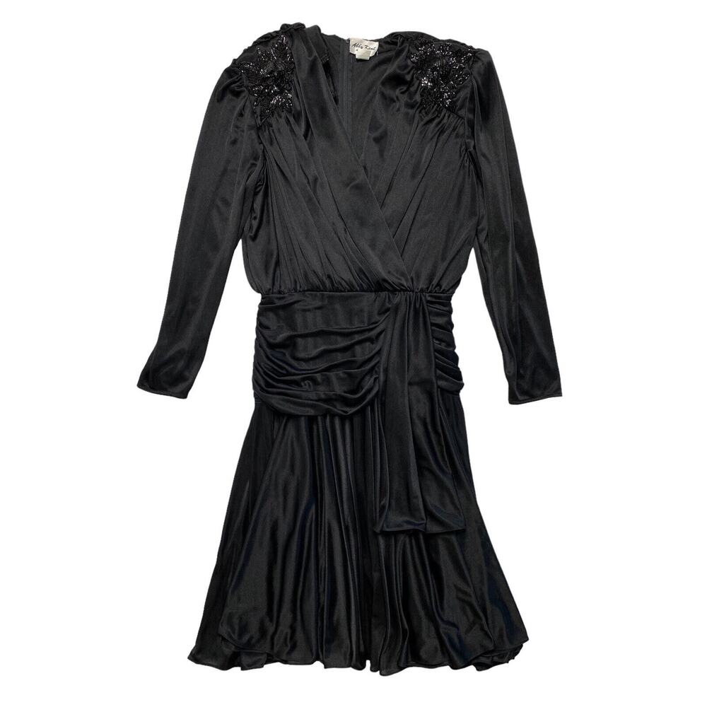 ABBY KENT Vintage 1980s Black Satin Formal Beaded Gown Size 12 Made in USA - Picture 5 of 13